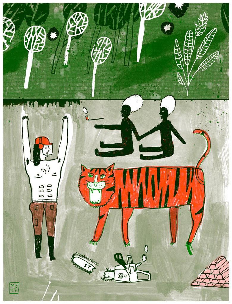 Tiger und Motorsäge